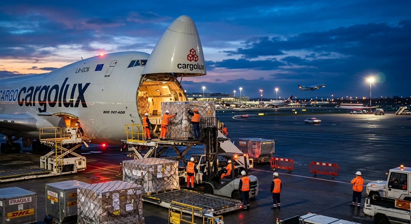 Avión carguero abierto de nariz en plataforma al anochecer, con personal de rampa cargando pallets