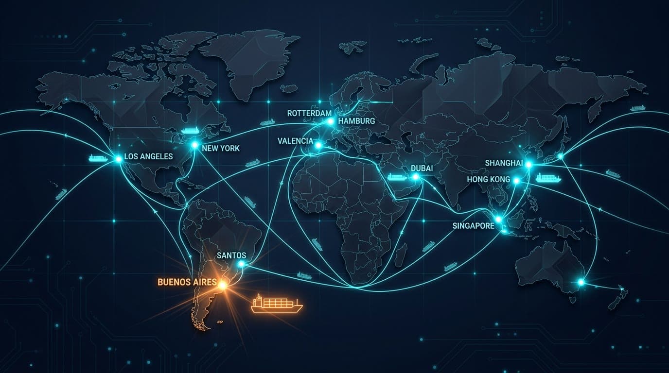 Mapa mundial con las rutas y los puertos que opera VUXOR, desde Buenos Aires hacia Asia, Europa, Norteamérica y Medio Oriente